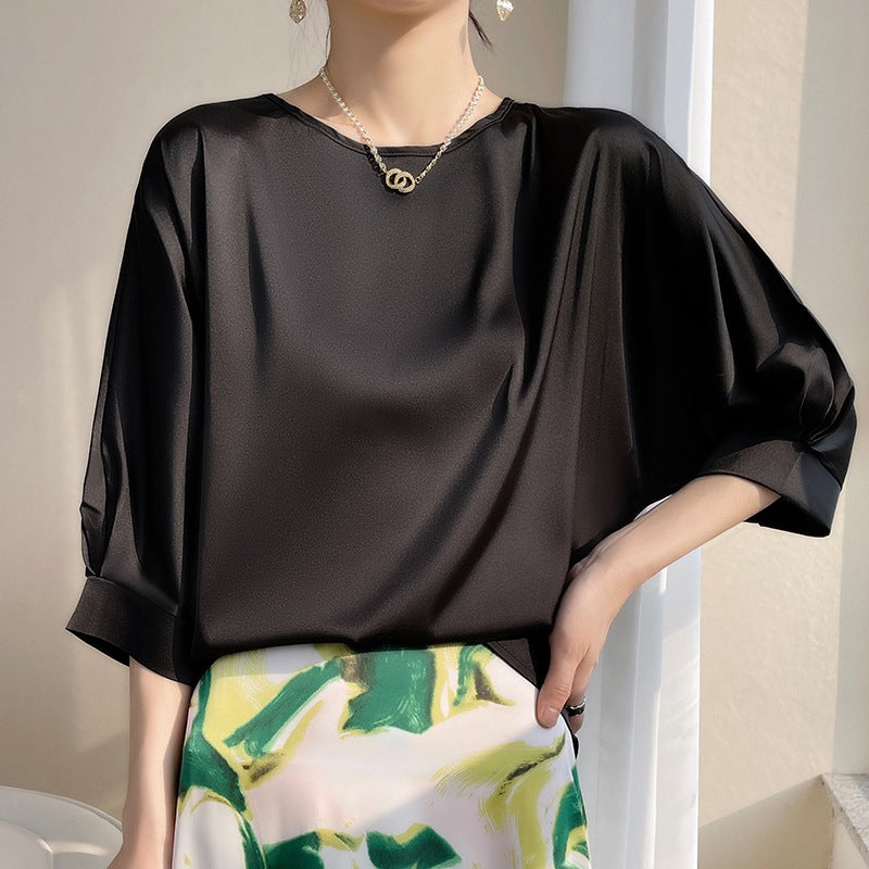 2026 Women's Short Sleeve Satin Blouse - Plus Size