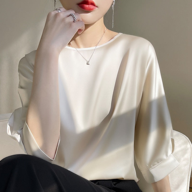 2026 Women's Short Sleeve Satin Blouse - Plus Size