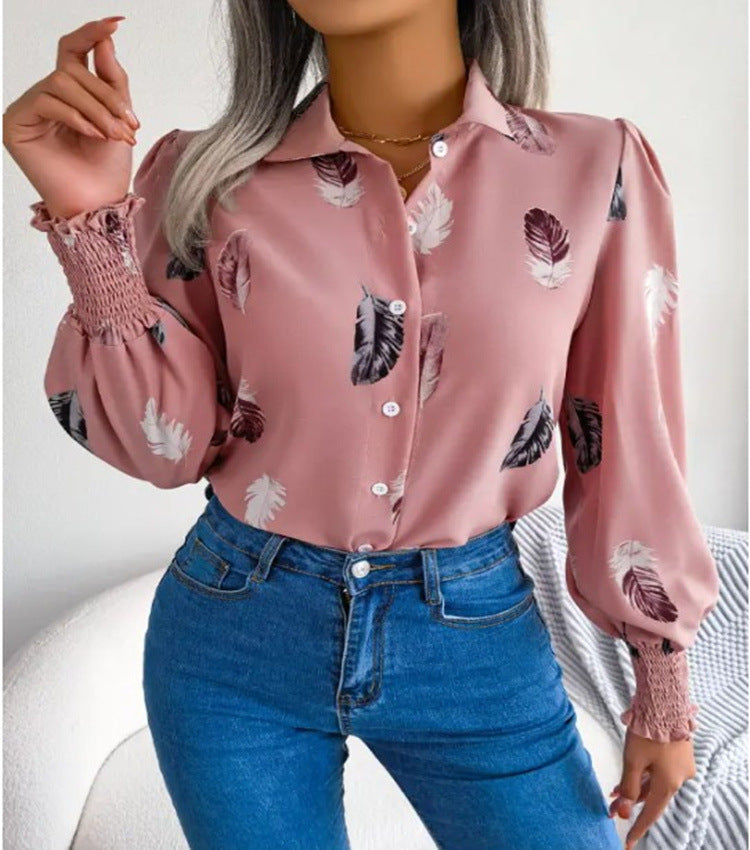 2026 Women's Autumn Winter Feather Print Blouse Shirt
