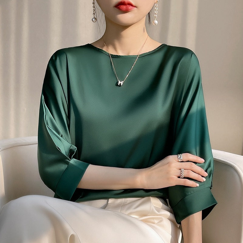 2026 Women's Short Sleeve Satin Blouse - Plus Size