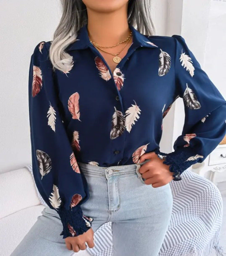 2026 Women's Autumn Winter Feather Print Blouse Shirt