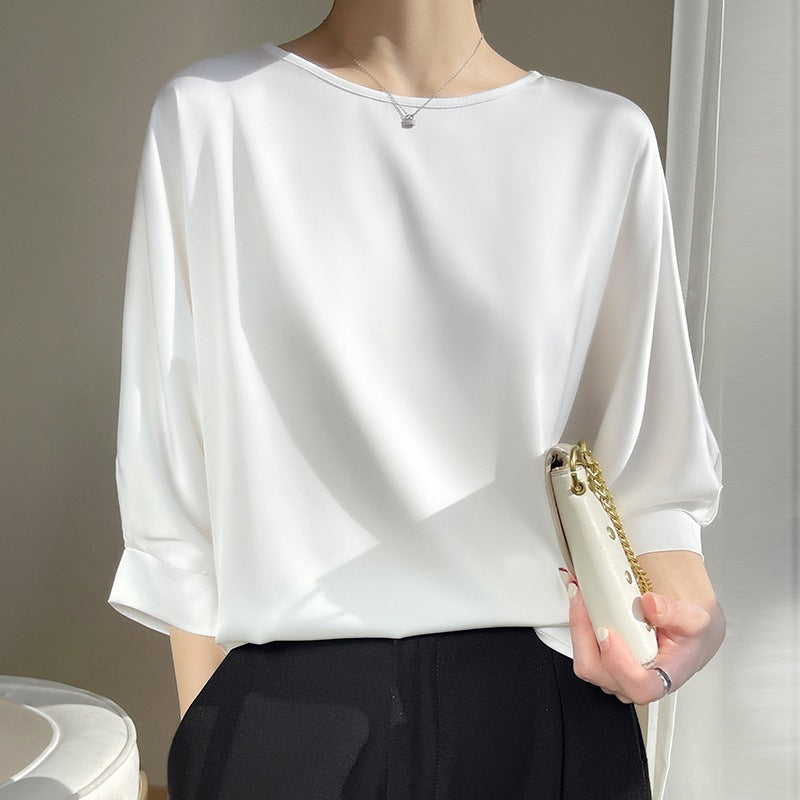 2026 Women's Short Sleeve Satin Blouse - Plus Size