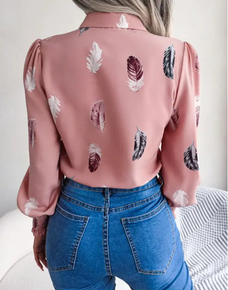 2026 Women's Autumn Winter Feather Print Blouse Shirt