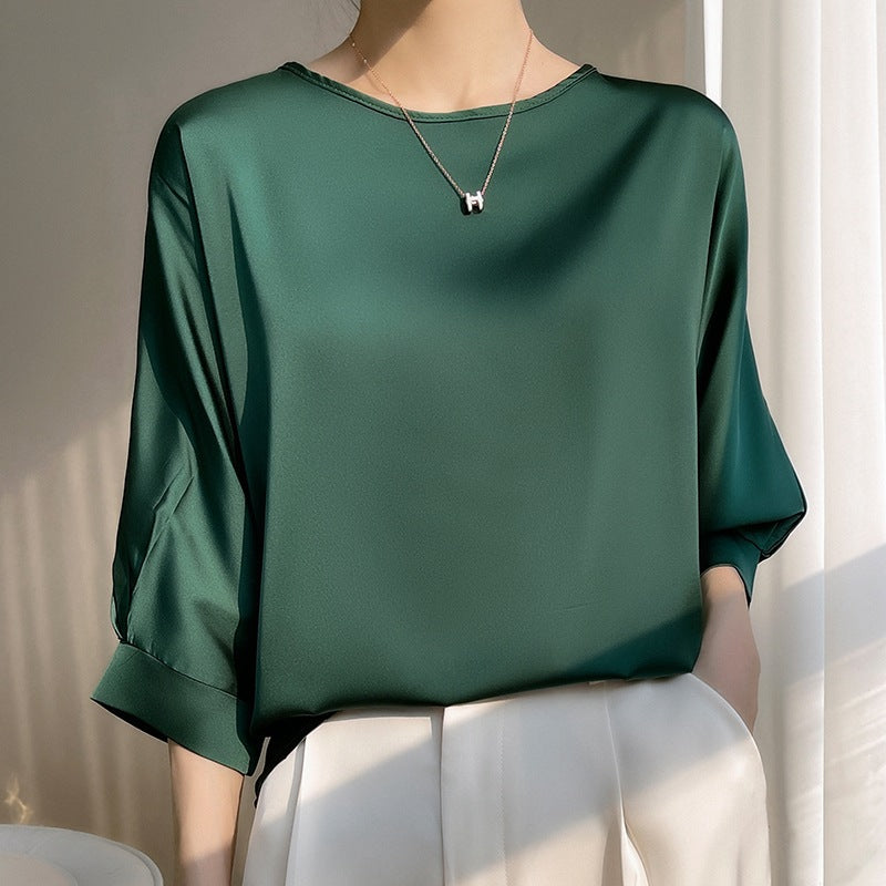 2026 Women's Short Sleeve Satin Blouse - Plus Size