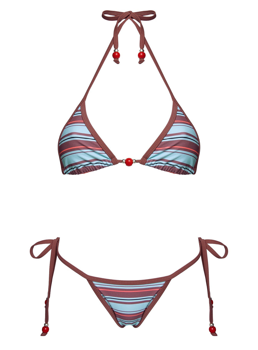 Mikaya Beaded Triangle Bikini Top Blue / Brown Stripe