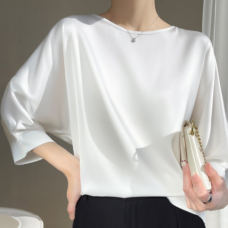 2026 Women's Short Sleeve Satin Blouse - Plus Size