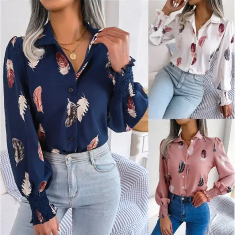 2026 Women's Autumn Winter Feather Print Blouse Shirt