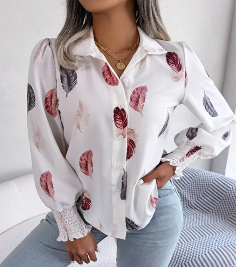 2026 Women's Autumn Winter Feather Print Blouse Shirt